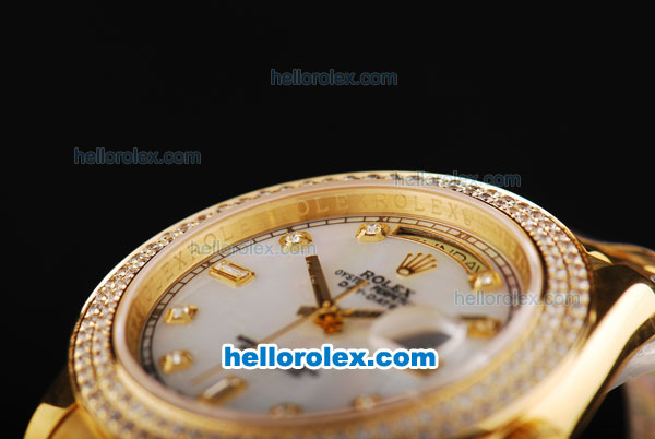 Rolex Day-Date II Automatic Movement Full Gold with Double Row Diamond Bezel-White MOP Dial and Diamond Markers - Click Image to Close